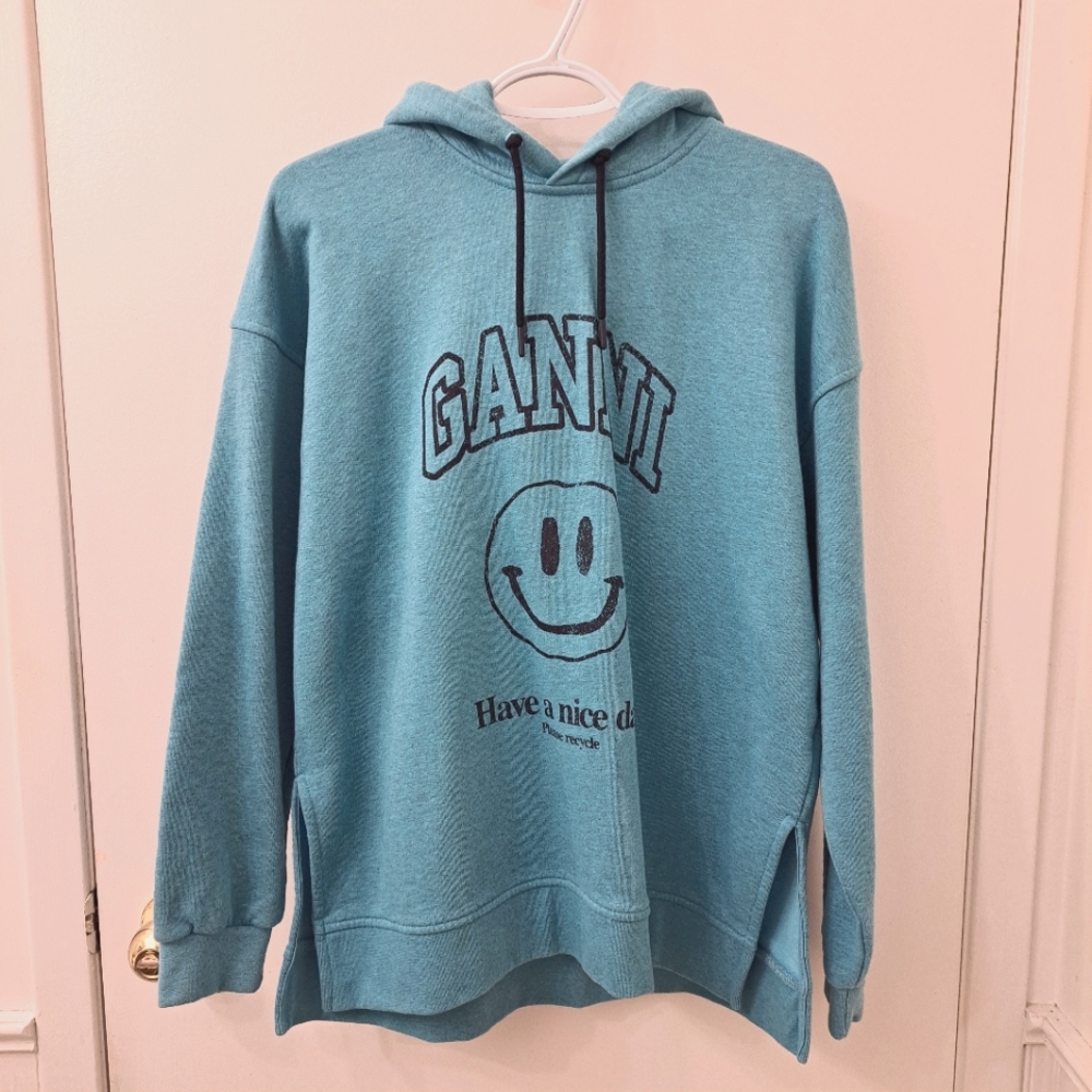 Ganni Isoli Smiley Blue Organic Cotton Hoodie Small/Medium